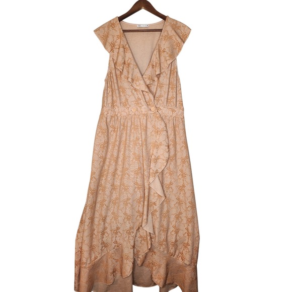 Zara Midi Wrap Texture Ruffled‎ Dress Large Jacquard style fabric Orange - Picture 2 of 11
